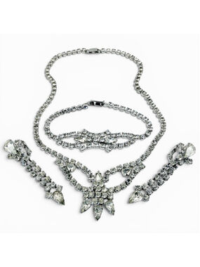 Vintage Rhinestone Jewelry Set Necklace Bracelet Earrings, Clear Crystal Bridal
